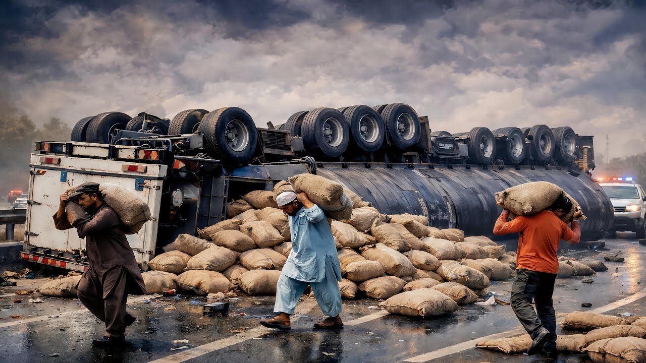 Overloaded Semi Truck Flips at High Speed on Highway – Incredible Fast Repair in Minutes!