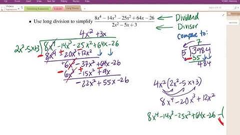 Long Division Example -- Polynomial of degree 4 divided by quadratic divisor. Has a remainder