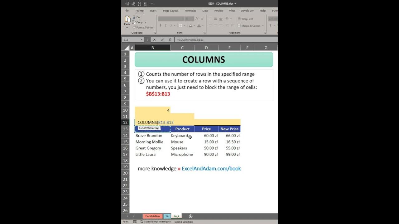 Excel COLUMNS function how many columns in range | Excel in a minute 05 ...