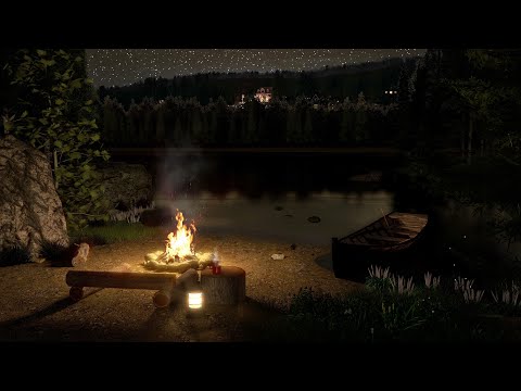 Campfire By The Lake - Crackling Fire Sounds | Bonfire x Crickets x Frog Sounds 8 Hours