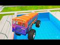 Crazy School Bus Crash Into Swimming Pool – BeamNG Drive BMG Bus Down Realistic Physics