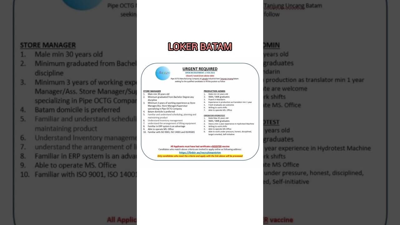 PT. RAINBOW TUBULARS MANUFACTURE Loker Batam Hari ini 