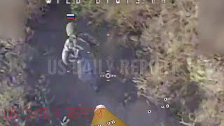 Ukrainian FPV Drone Blow up Russian soldier who try to fight back with Shovel