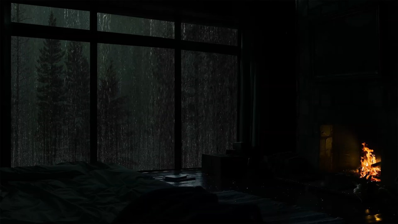 24 Hours Rainy Night in Cozy Cabin 🌧️ Fireplace Sounds for Deep Sleep ...