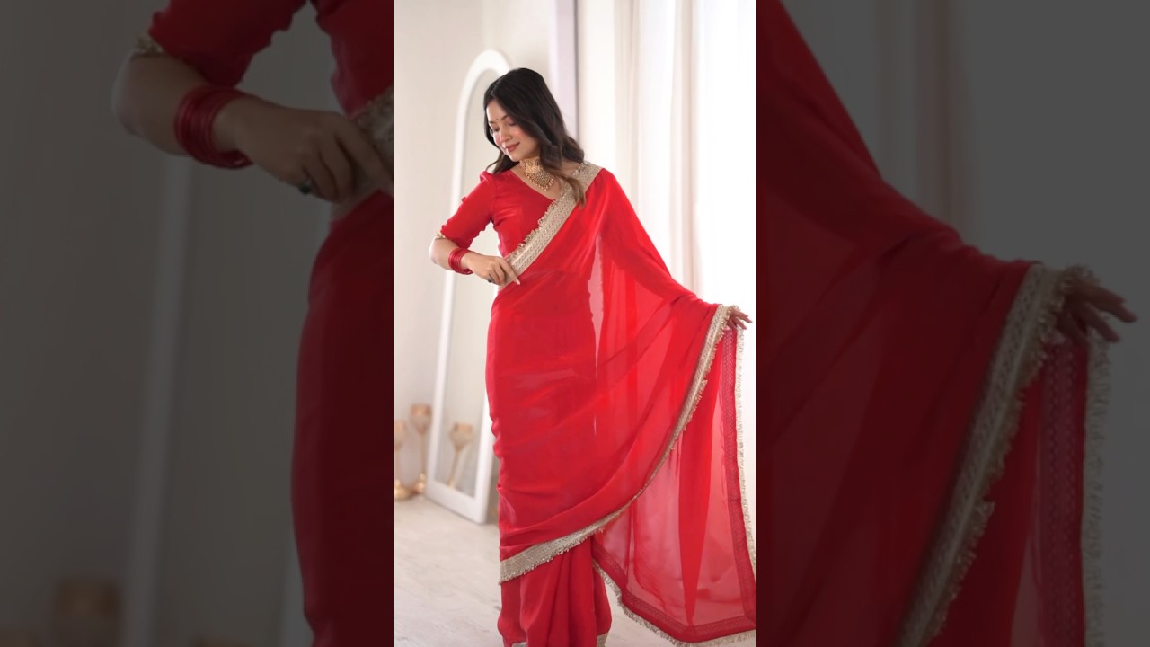 Red Satin Silk Saree – Fendi Fabric, Fancy Gold Lace Border, Festive Wedding Wear