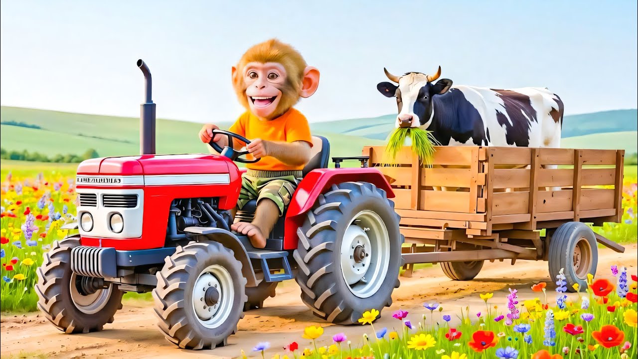 TuTi the monkey drives a tractor to rescue and care for a dairy cow that got a thorn in its leg!