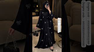 Imported Zoom Fabric Fancy Handwork Bow Golden Buttons Pattern Front Open Abaya with Black Dupatta