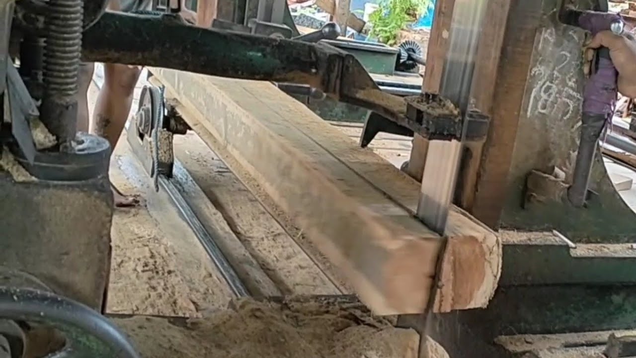 wood work, the process of sawing teak wood blocks - YouTube