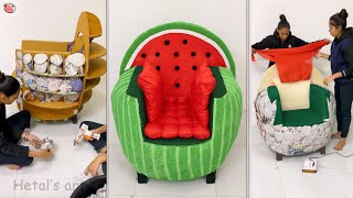 Old Plastic Chair Sofa Making || Talented Girls Creativity || Cardboard Crafts || DIY