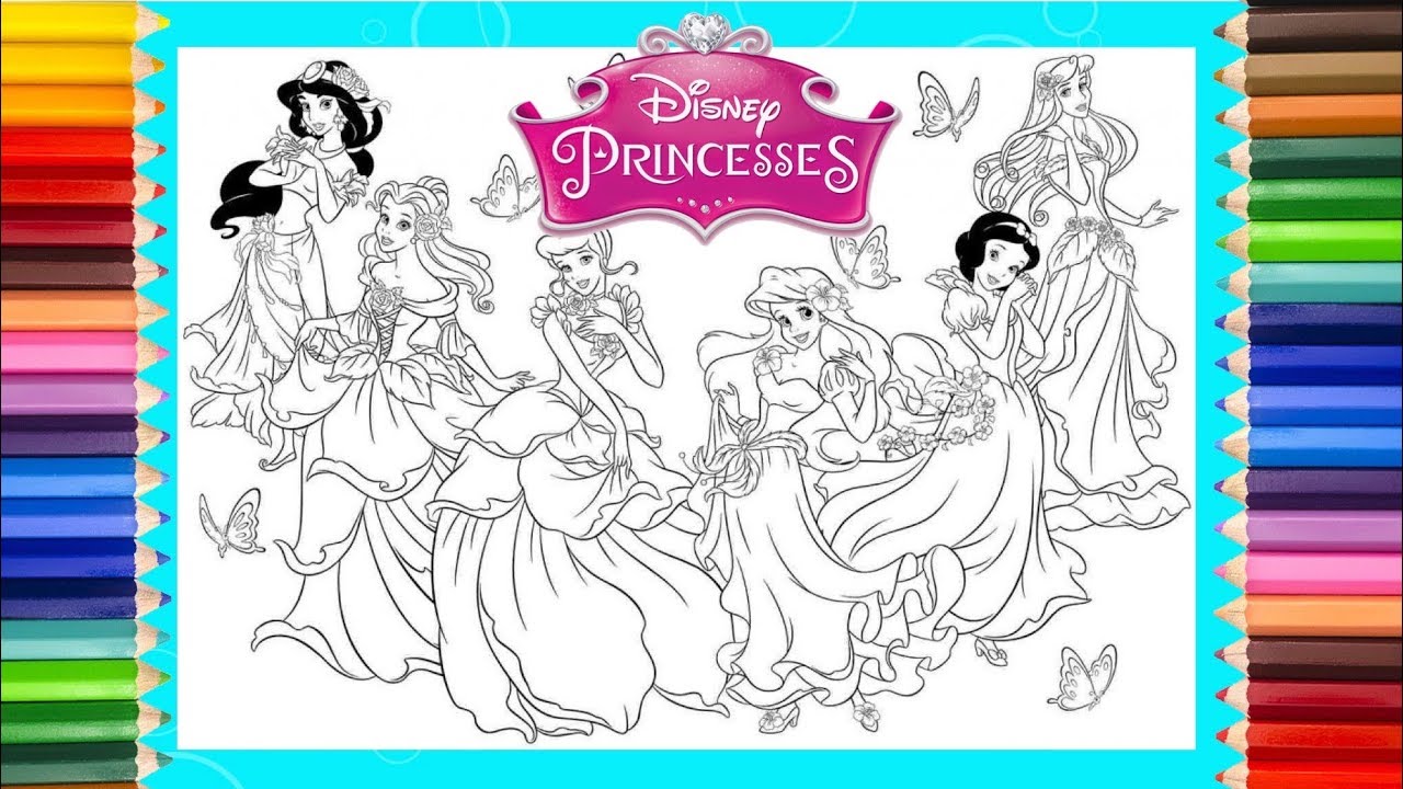 Coloring Disney Princess Belle Jasmine Cinderella Snow White Ariel ...