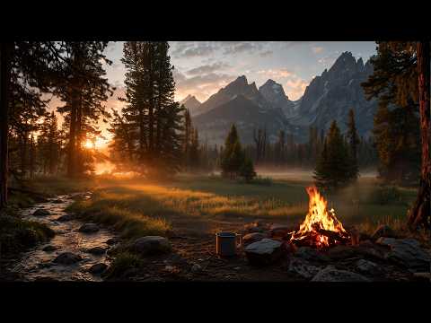 🌄 Campfire in a Peaceful Pine Forest 🔥 Relaxing Creek, Birds & Nature Sounds for Sleeping 12H