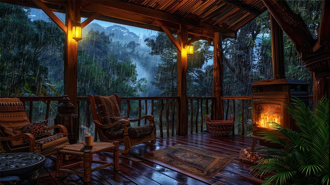 Wooden Porch In The Rainy Day Forest - Thunderstorm and Fireplace ...