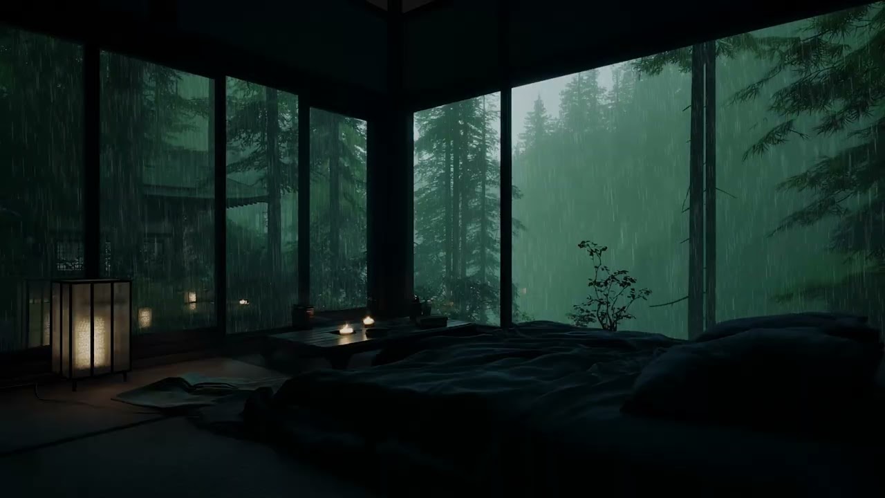 Calm Rain in a Shadowed Bedroom for Deep Rest and Focus