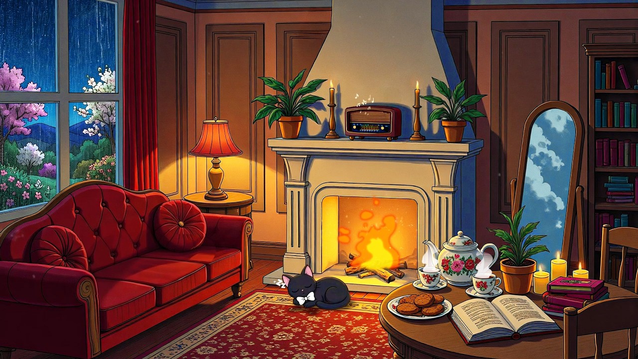 it's 1940s and vintage jazz playing on a cozy cottage with the fireplace (relax, reading)