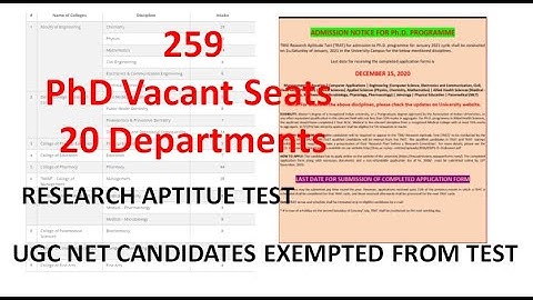 259 PhD Vacant Seats Notification | PhD Entrance Test | UGC NET Exempted | 20 Departments | PG