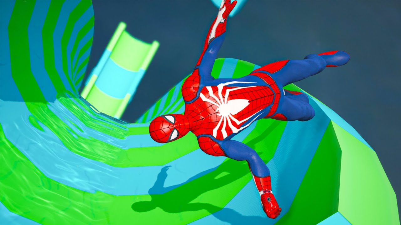 GTA 5 Spiderman | GIANT Waterslide Aquapark-Jumps Ragdoll _ GamePLAy ...