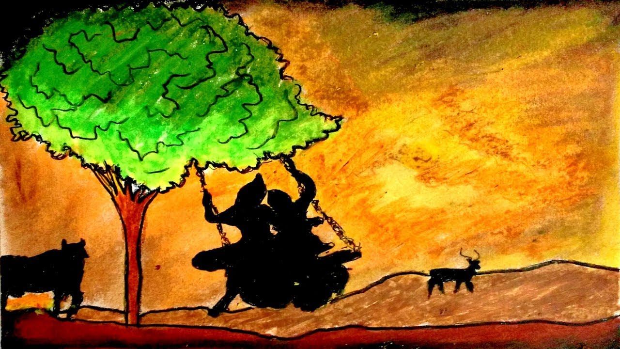 How to Draw nature scenery | Radha krishna oil pastel landscape drawing kids anka