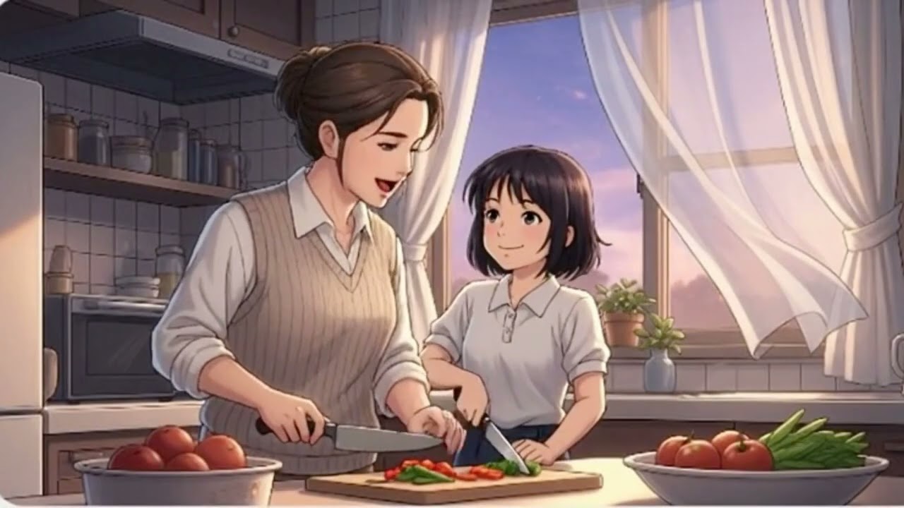 A cozy Ghibli-style moment where a mother and daughter prepare homemade momos, sharing smile.