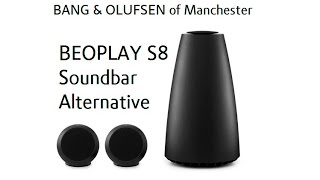 BEOPLAY S8 speakers with a Samsung TV, soundbar alternative.