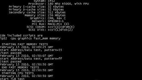 SGI O2 PROM hardware tests over serial console - part 1 of 2