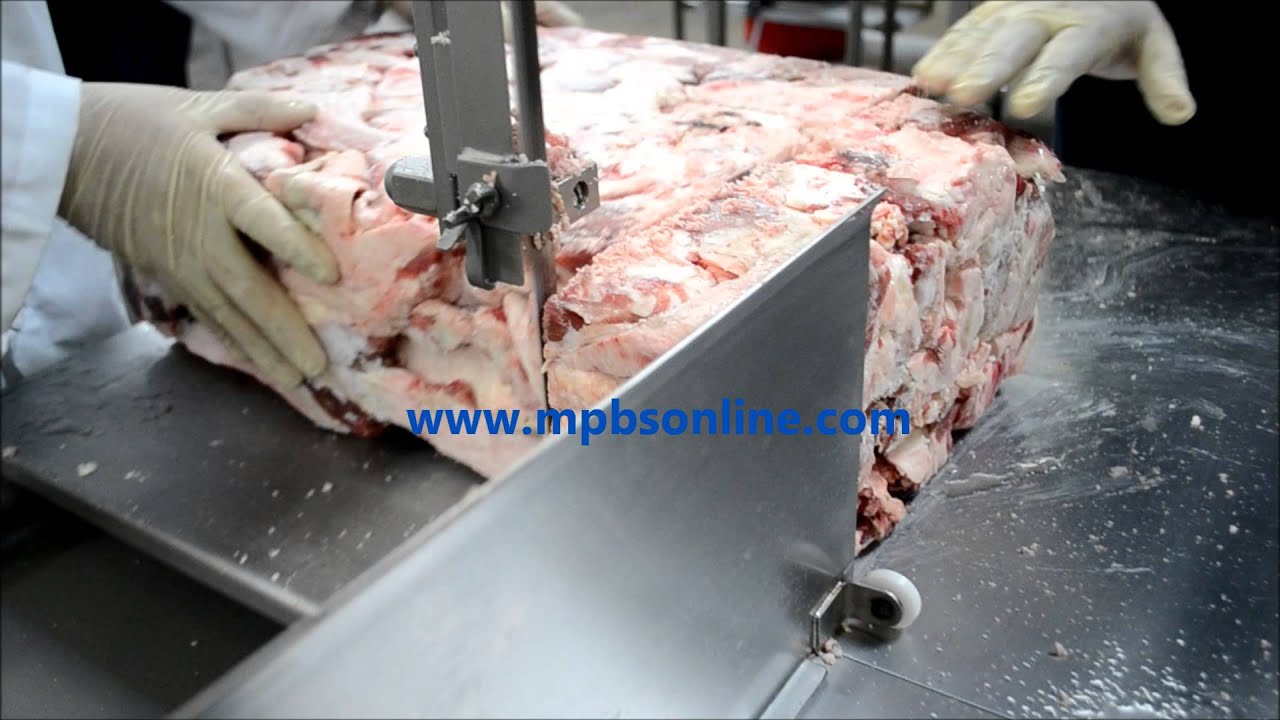 Pro-Saw SS20 Meat Band Saw Frozen Block Beef Trimmings Demo - 323-268-8514