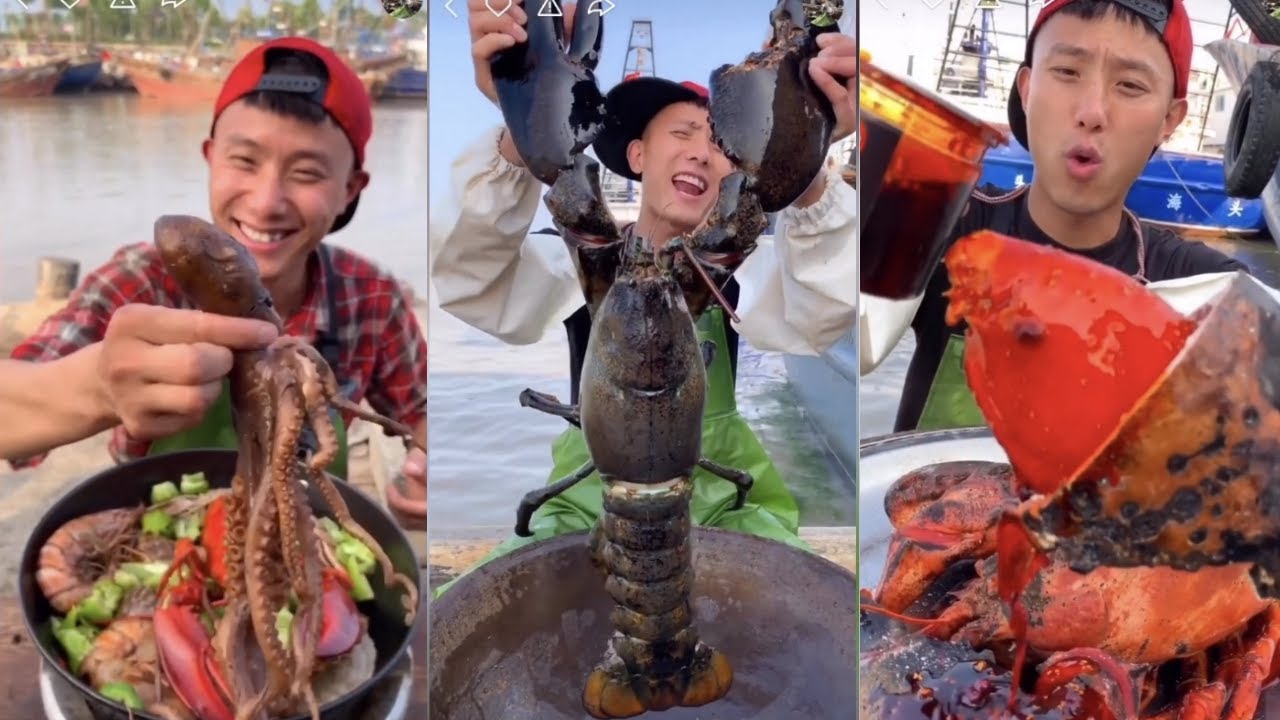 Chinese fisherman eating spicy seafood and huge lobster on boat YouTube