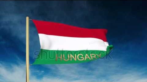 Hungary flag slider style with title. Waving in the wind with cloud background animation Stock