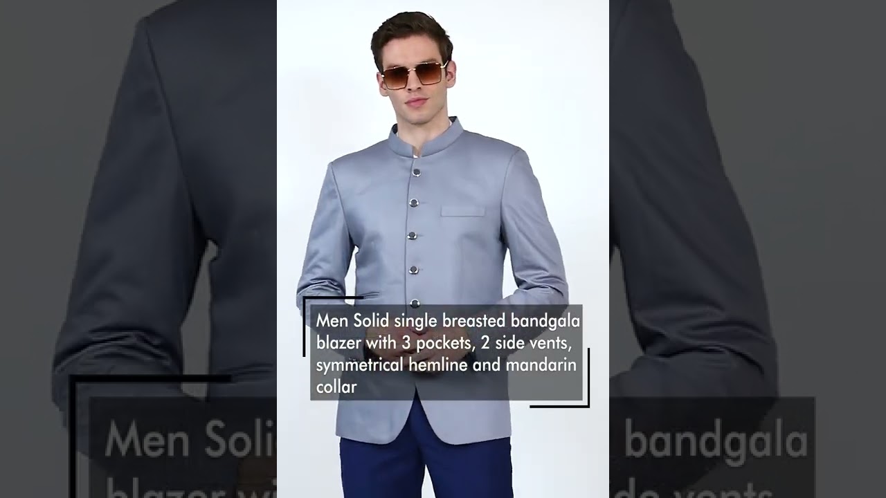 Men Solid single breasted band gala blazer with 3 pockets, 2 side vents and mandarin collar