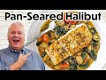 Low Cal, BIG TASTE! Pan-Seared Halibut with Spinach, Tomatoes, and Beans