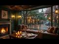 Cozy Rainy Street Book Café Jazz ☕ Soft Jazz Piano, Fireplace Crackles &amp; Window Rain for Calm Work
