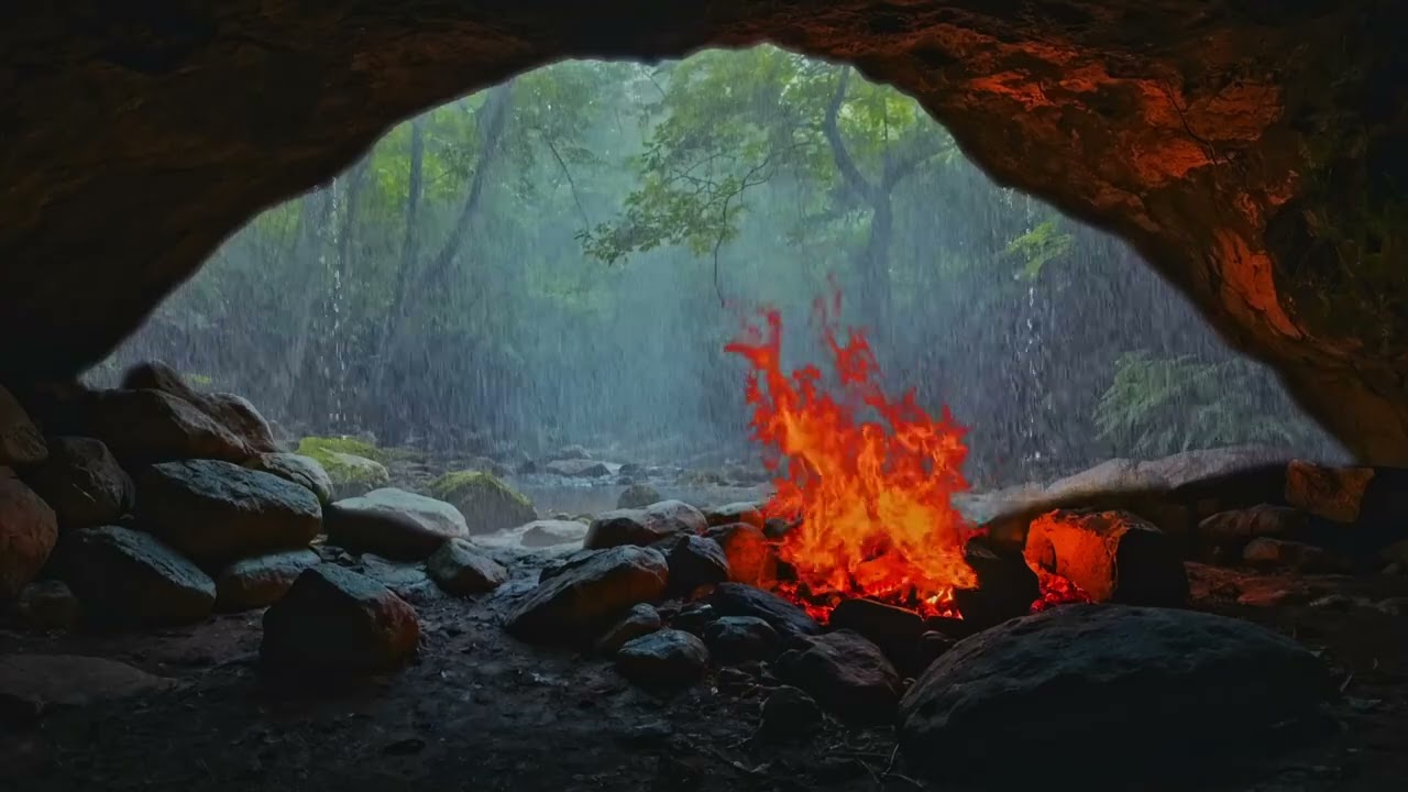 Thunderstorm & Cave Fireplace Ambience | Relaxing Sleep & Meditation