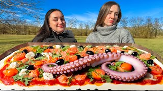 Pizza with Octopus Tentacles and Salmon Fillet! Seafood Delicacy Cooked in the oven