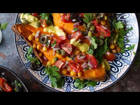 How to Make Mediterranean Baked Sweet Potatoes with Toppings and a Dressing