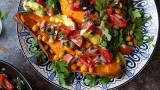 How to Make Mediterranean Baked Sweet Potatoes with Toppings and a Dressing