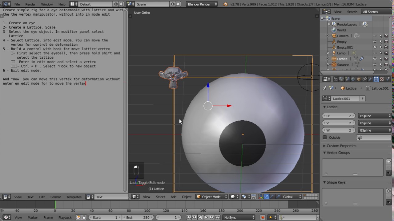 Eye deformation lattice and hook in Blender