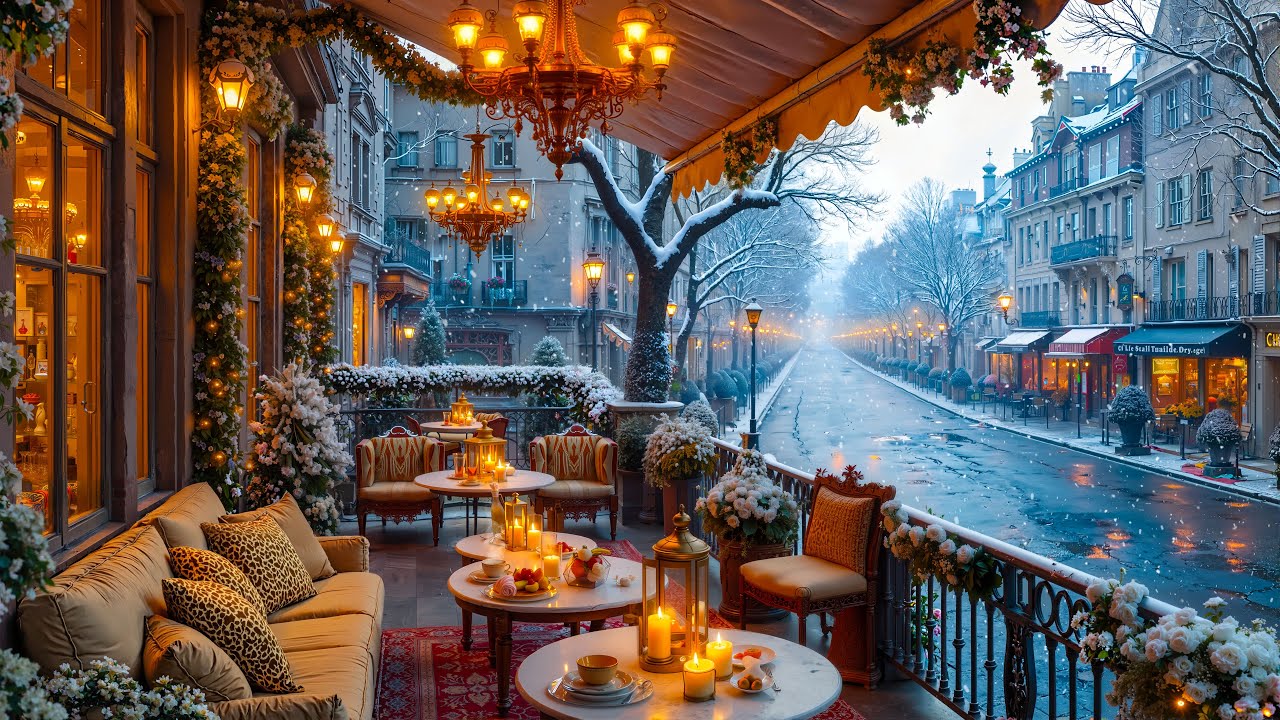 Calm Winter Café Ambience ☕️ Smooth Jazz Music with Warm Fire Crackling for Calm and Relax