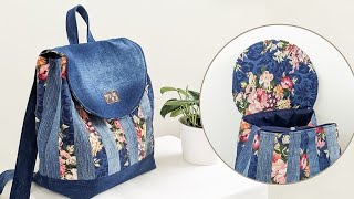 : DIY Sweet No Zipper  Flap Over Floral and Denim Patchwork Backpack Out of Old Jeans | Bag Tutorial