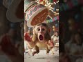 The baby monkey almost trips over a small toy while carrying the cake #littlefinger #fingerfamily