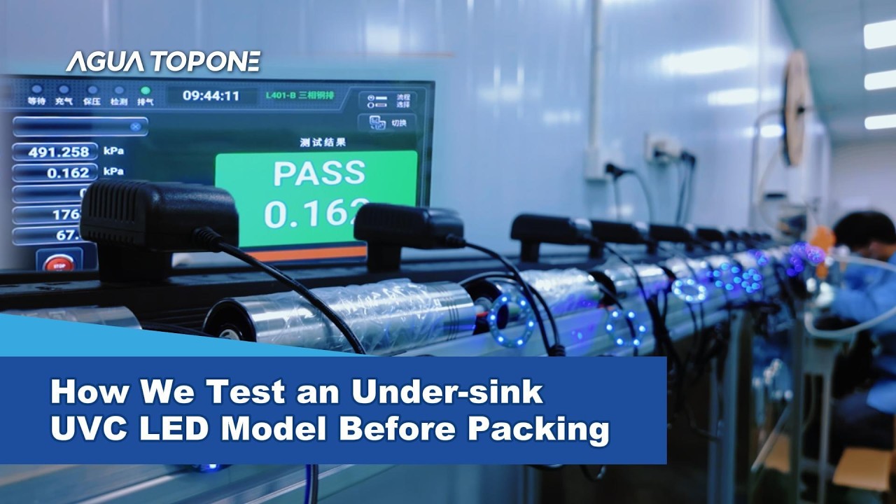 Under-sink UVC LED units undergoing air-tightness and final inspection before packing