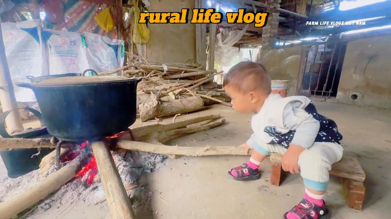 Authentic rural life – A kind child helping grandma cook feed for pigs