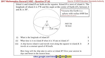 2017 Maths General 2 HSC Q27d Find longitude & time of island, find ship travel time given its speed