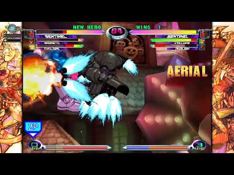 MvC2 Sentinel 60% vs Sent fast fly refly throw reset rocket punch sequence(w. Cyclops assist) 021125