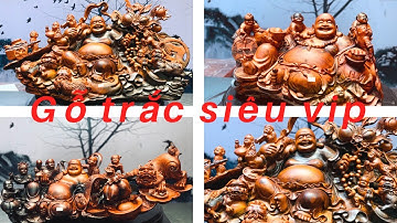 Tượng gỗ: Di lặc ngũ phúc vác cành đào gỗ trắc đỏ đen siêu nét | Nghê gỗ phong thuỷ | Xưởng tượng gỗ