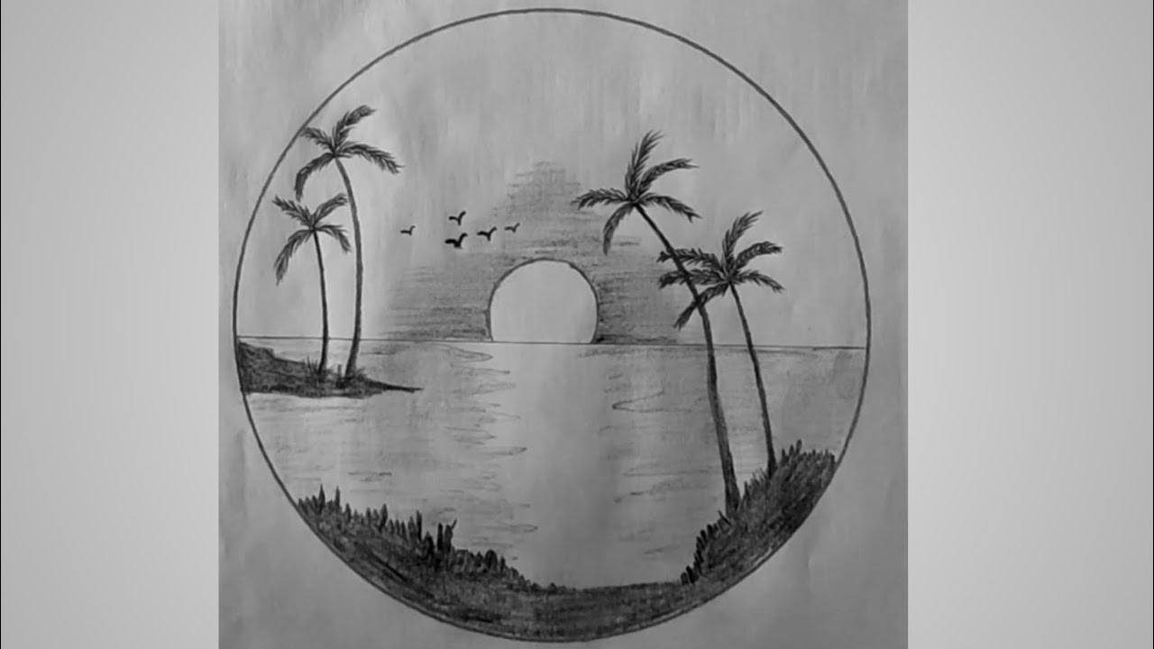 Pencil drawing of easy scenery inside circle step by step how to ...