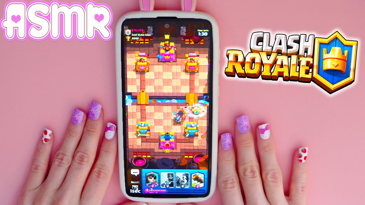 ASMR Playing Clash Royale on my Phone + relaxing gum chewing sounds and cozy whispering 🍀🎧