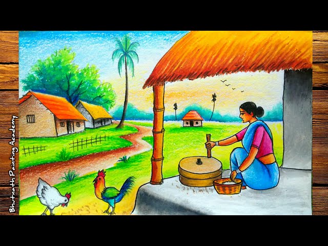 How to draw landscape scenery of beautiful nature village scenery with oil  pastel – Artofit