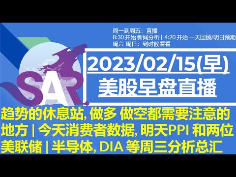 美股直播02/15[早盘] 趋势的休息站, 做多 做空都需要注意的地方 | 今天消费者数据, 明天PPI 和两位美联储 | 半导体, DIA 等周三分析总汇