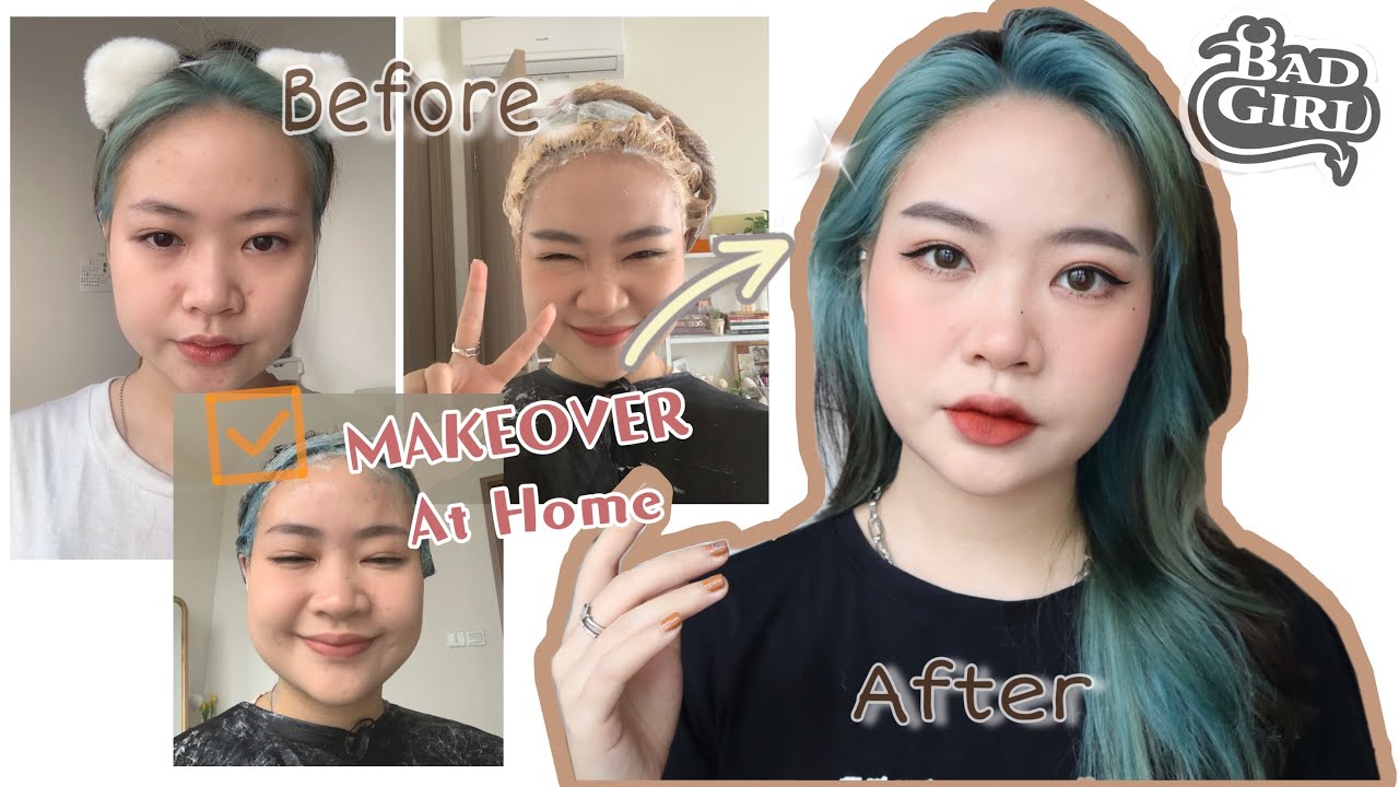 MAKEOVER TẠI NHÀ 🏠| Cắt tóc Layer, Tẩy Nhuộm Tóc Màu Xanh , Nails, Spa, Make Up | Ngọc Búnn