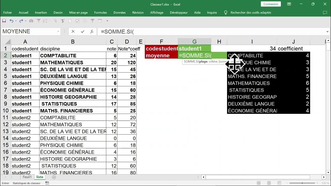 FORMATION EXCEL CALCUL des moyennes des notes avec des coefficients YouTube