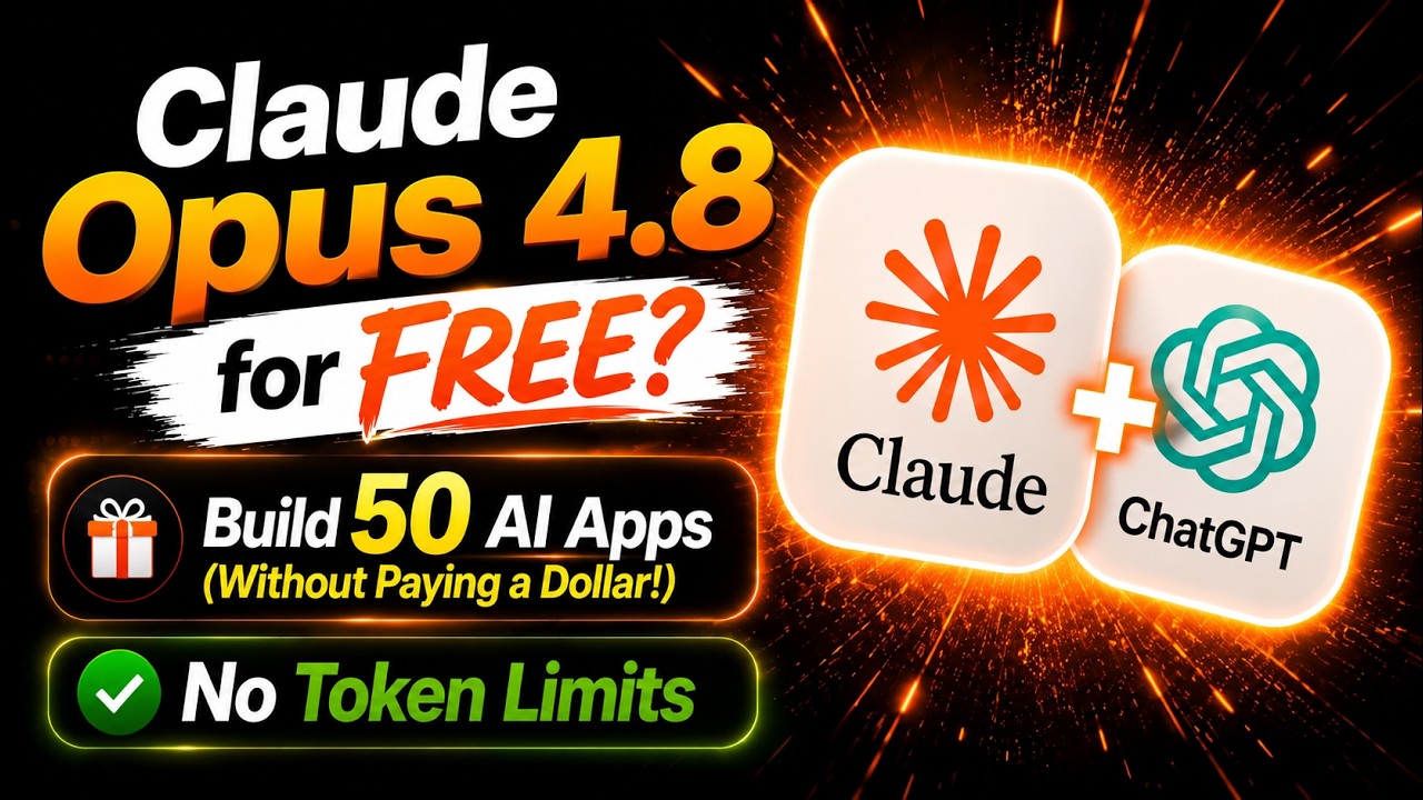 Thumbnail for Claude Opus 4.8 for FREE? Build 50 AI Apps (Without Paying a Dollar!)